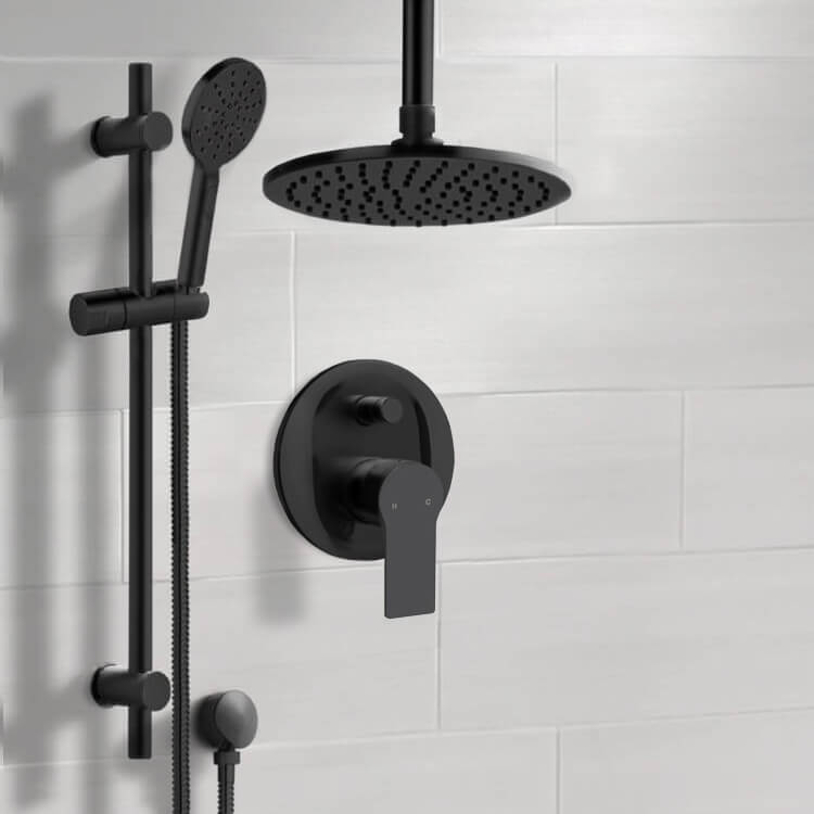Remer SFR94 Matte Black Shower Set With 8 Inch Rain Ceiling Shower Head and Hand Shower